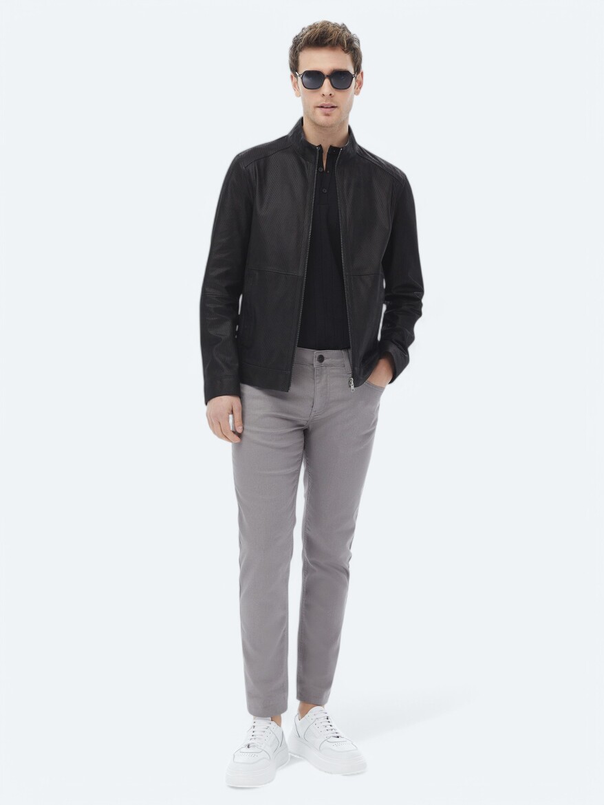 Siyah Regular Fit Dik Yaka Smart Casual Çift Taraflı Deri Mont - 3