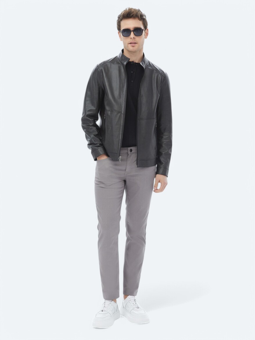 Siyah Regular Fit Dik Yaka Smart Casual Çift Taraflı Deri Mont - 4