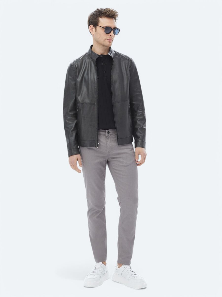 Siyah Regular Fit Dik Yaka Smart Casual Çift Taraflı Deri Mont - 6