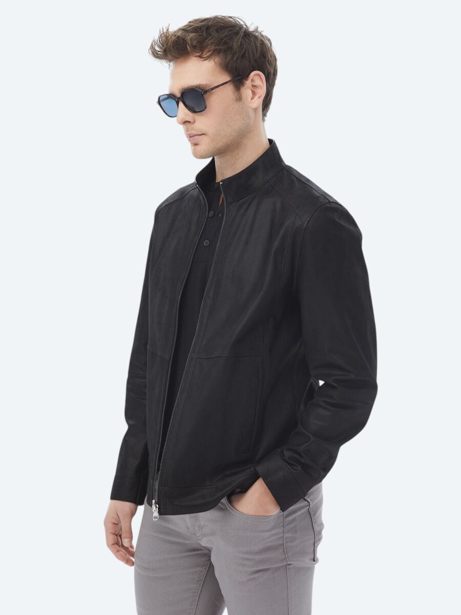 Siyah Regular Fit Dik Yaka Smart Casual Çift Taraflı Deri Mont - 9