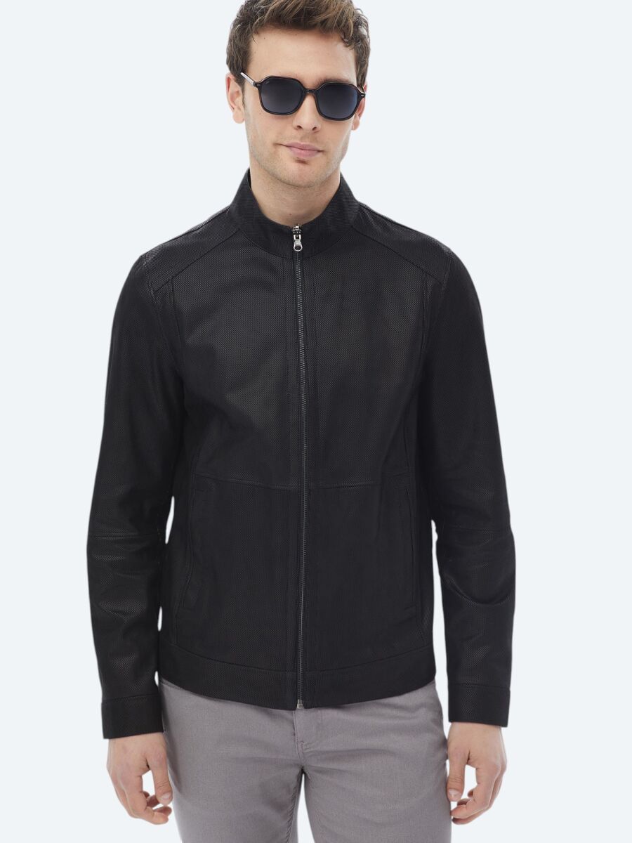 Siyah Regular Fit Dik Yaka Smart Casual Çift Taraflı Deri Mont - 10