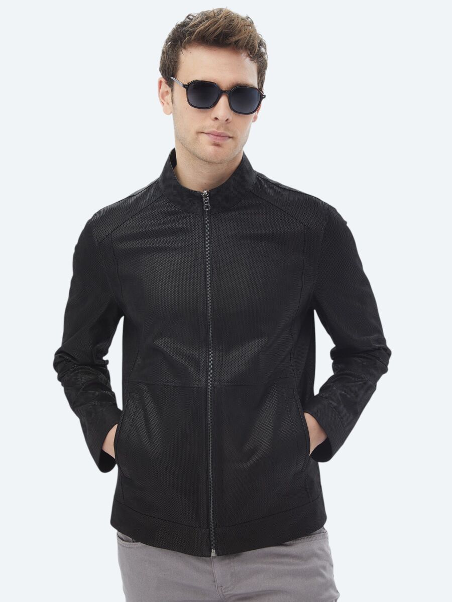 Siyah Regular Fit Dik Yaka Smart Casual Çift Taraflı Deri Mont - 11