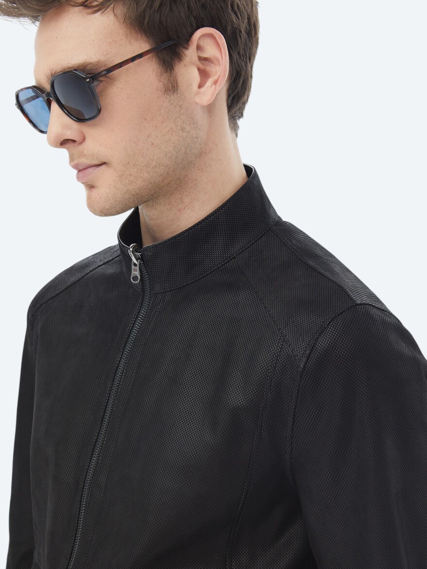 Siyah Regular Fit Dik Yaka Smart Casual Çift Taraflı Deri Mont - 12