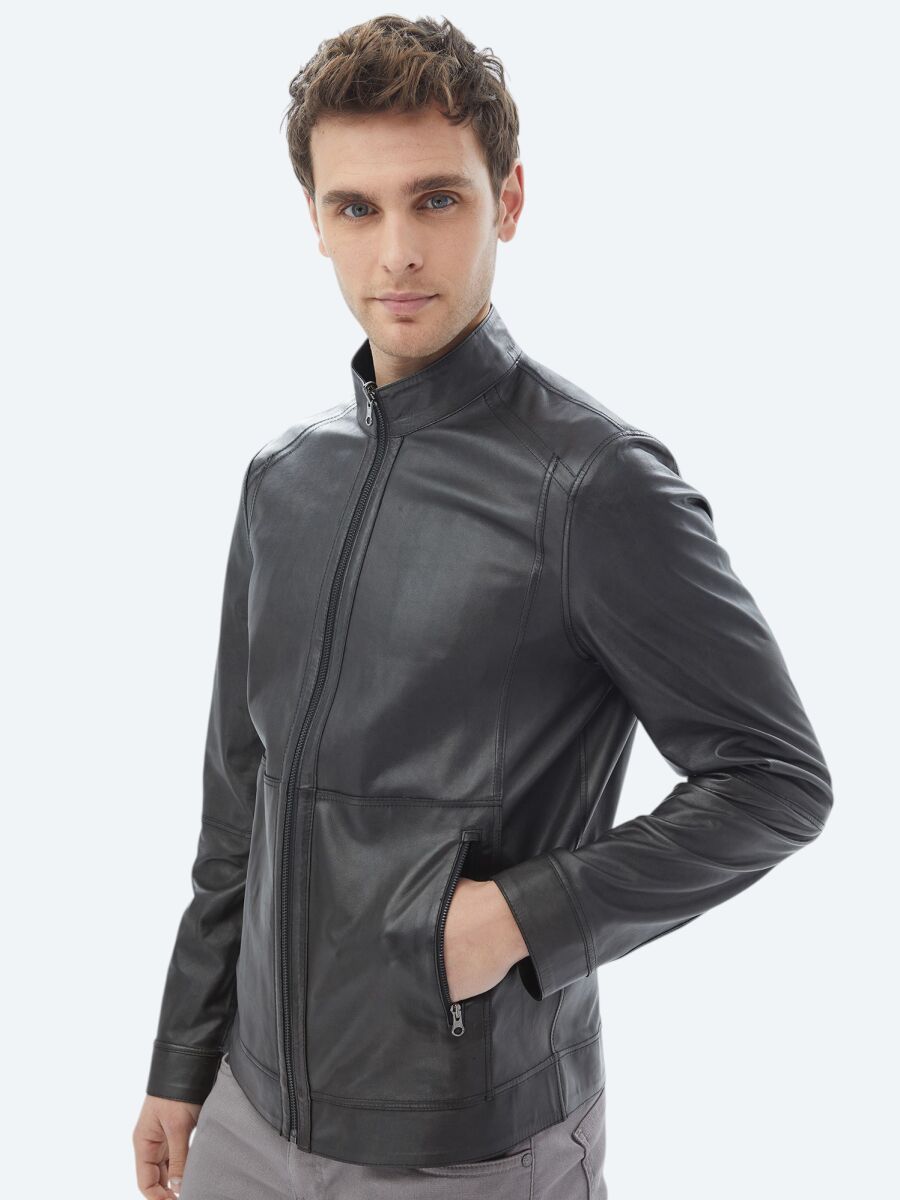 Siyah Regular Fit Dik Yaka Smart Casual Çift Taraflı Deri Mont - 13