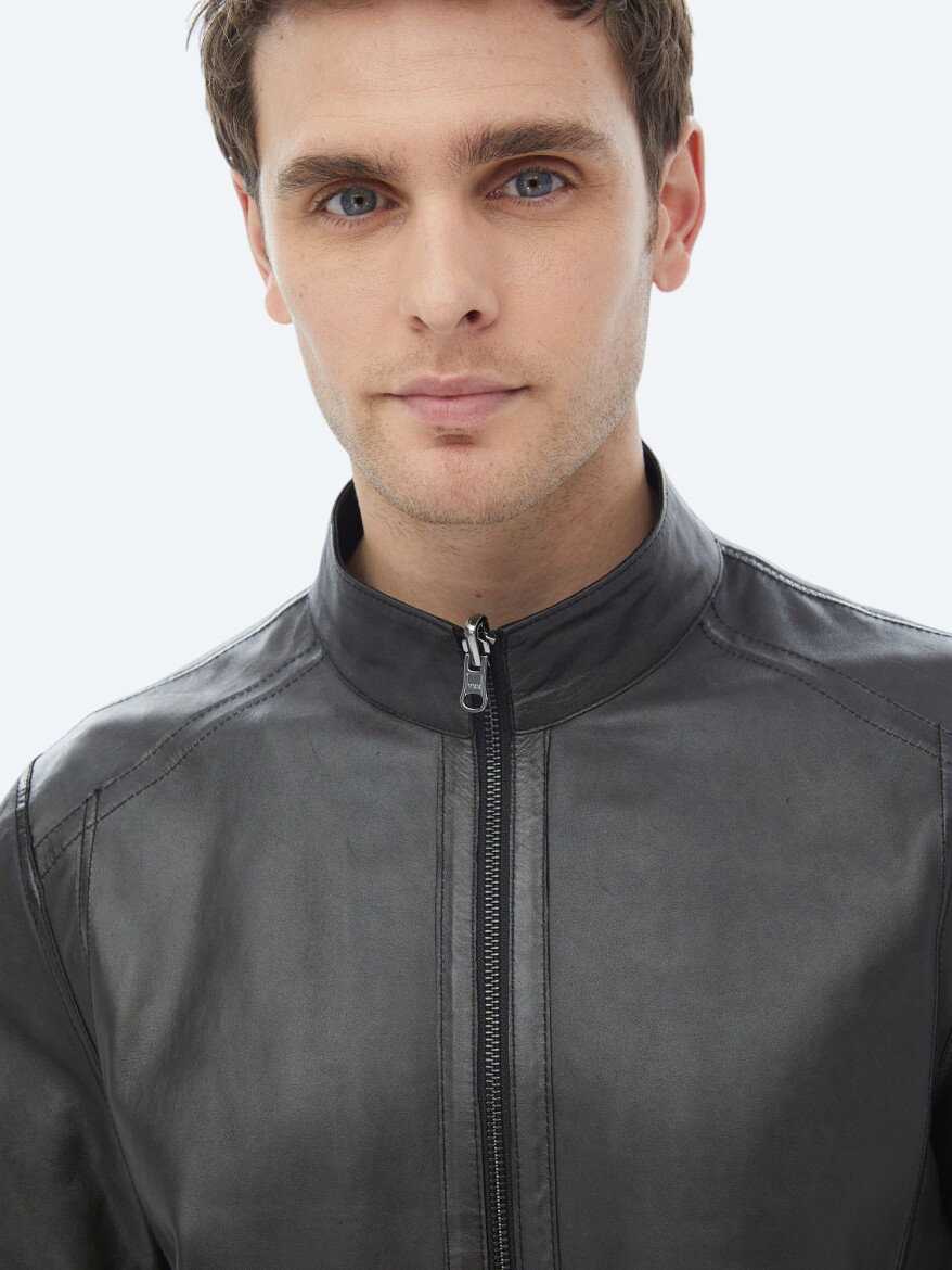 Siyah Regular Fit Dik Yaka Smart Casual Çift Taraflı Deri Mont - 14