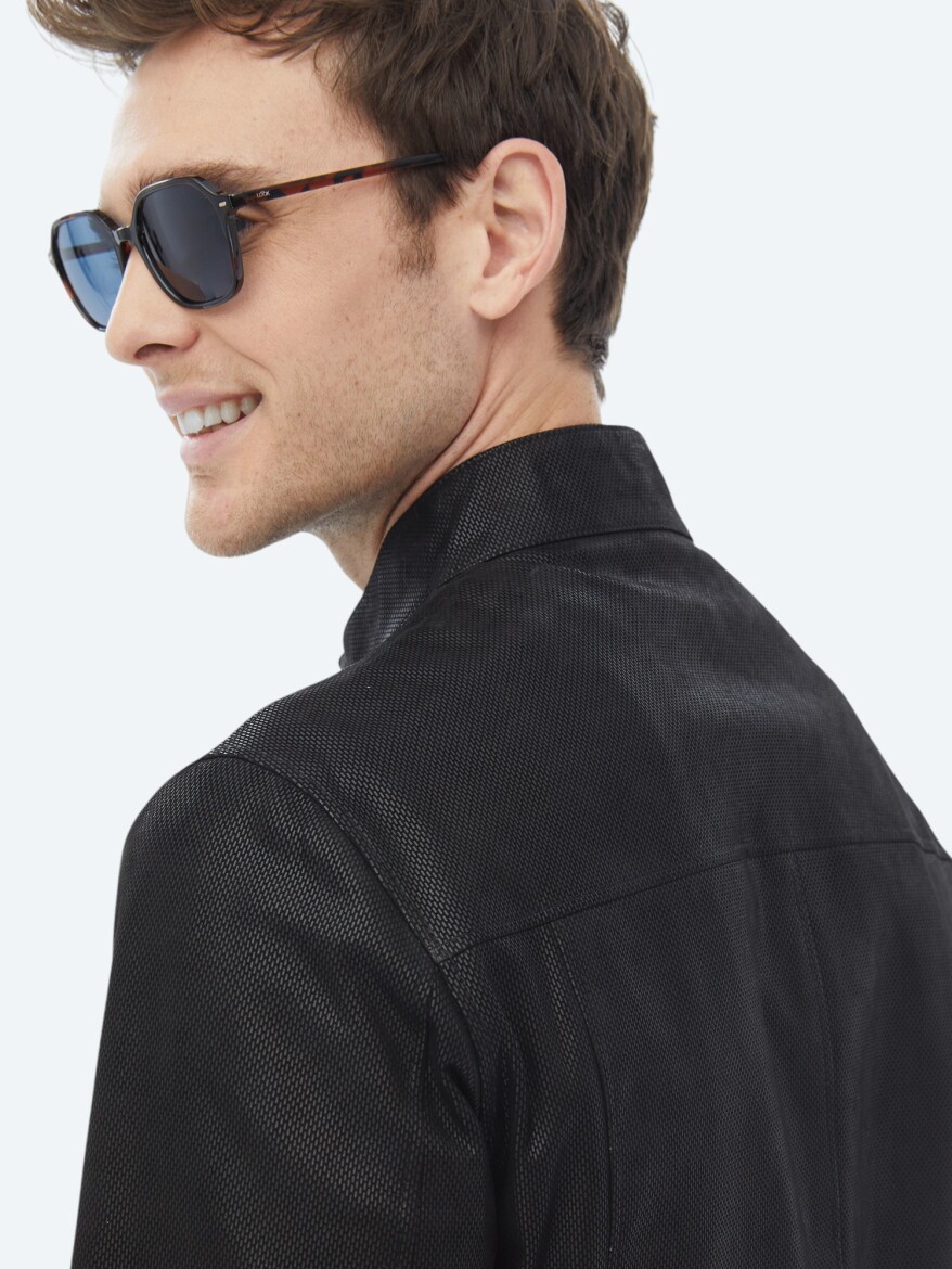 Siyah Regular Fit Dik Yaka Smart Casual Çift Taraflı Deri Mont - 15