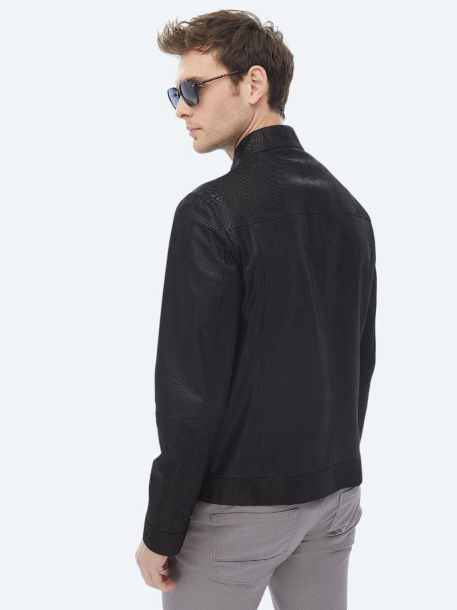 Siyah Regular Fit Dik Yaka Smart Casual Çift Taraflı Deri Mont - 17