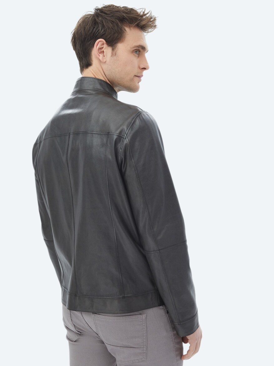 Siyah Regular Fit Dik Yaka Smart Casual Çift Taraflı Deri Mont - 18