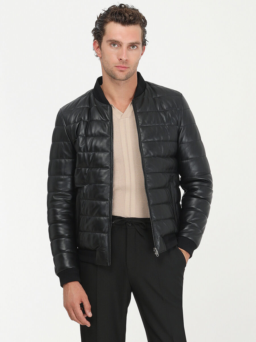 Siyah Regular Fit Dik Yaka Smart Casual Deri Çift Taraflı Deri Mont - 1