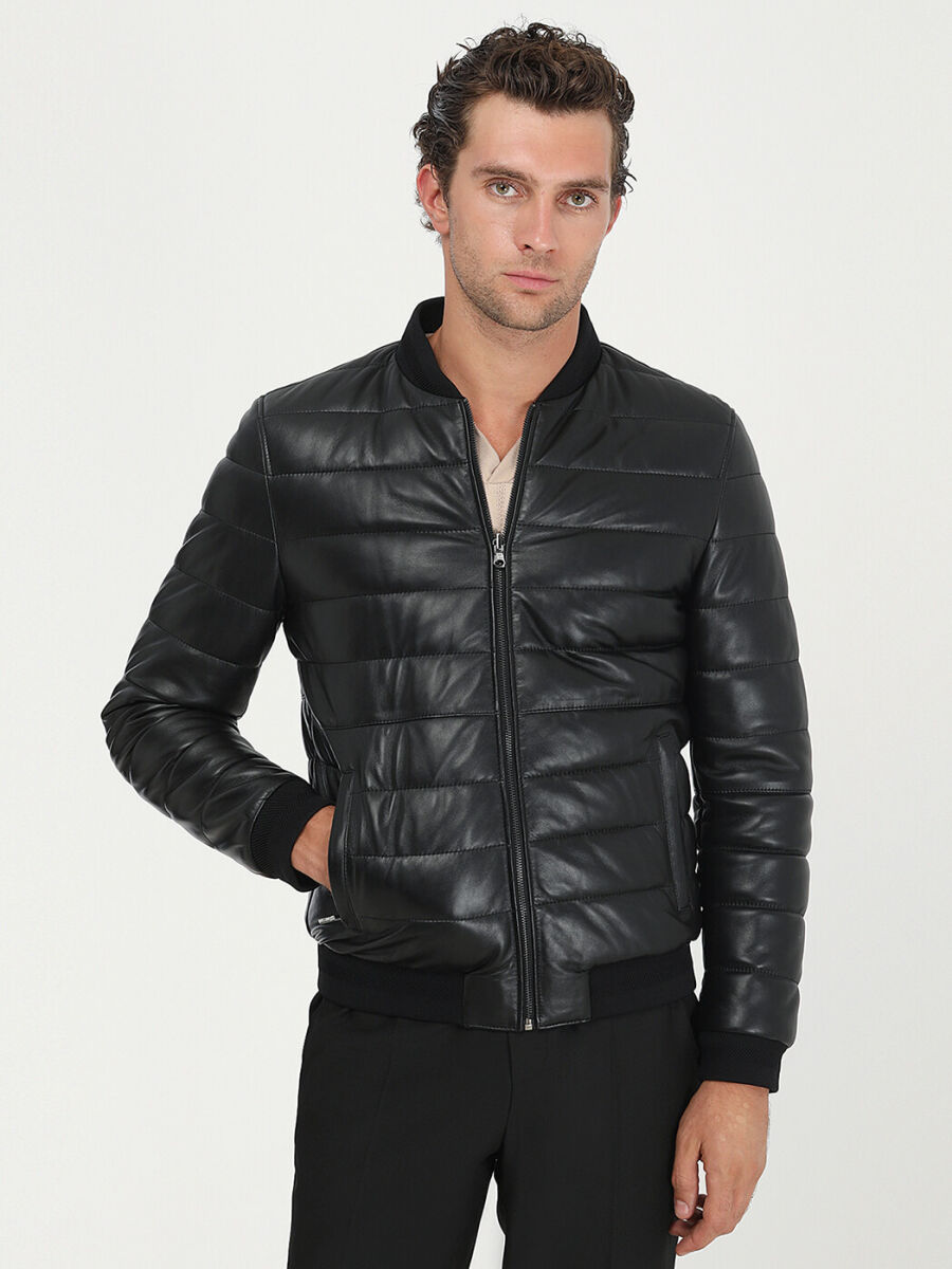 Siyah Regular Fit Dik Yaka Smart Casual Deri Çift Taraflı Deri Mont - 2