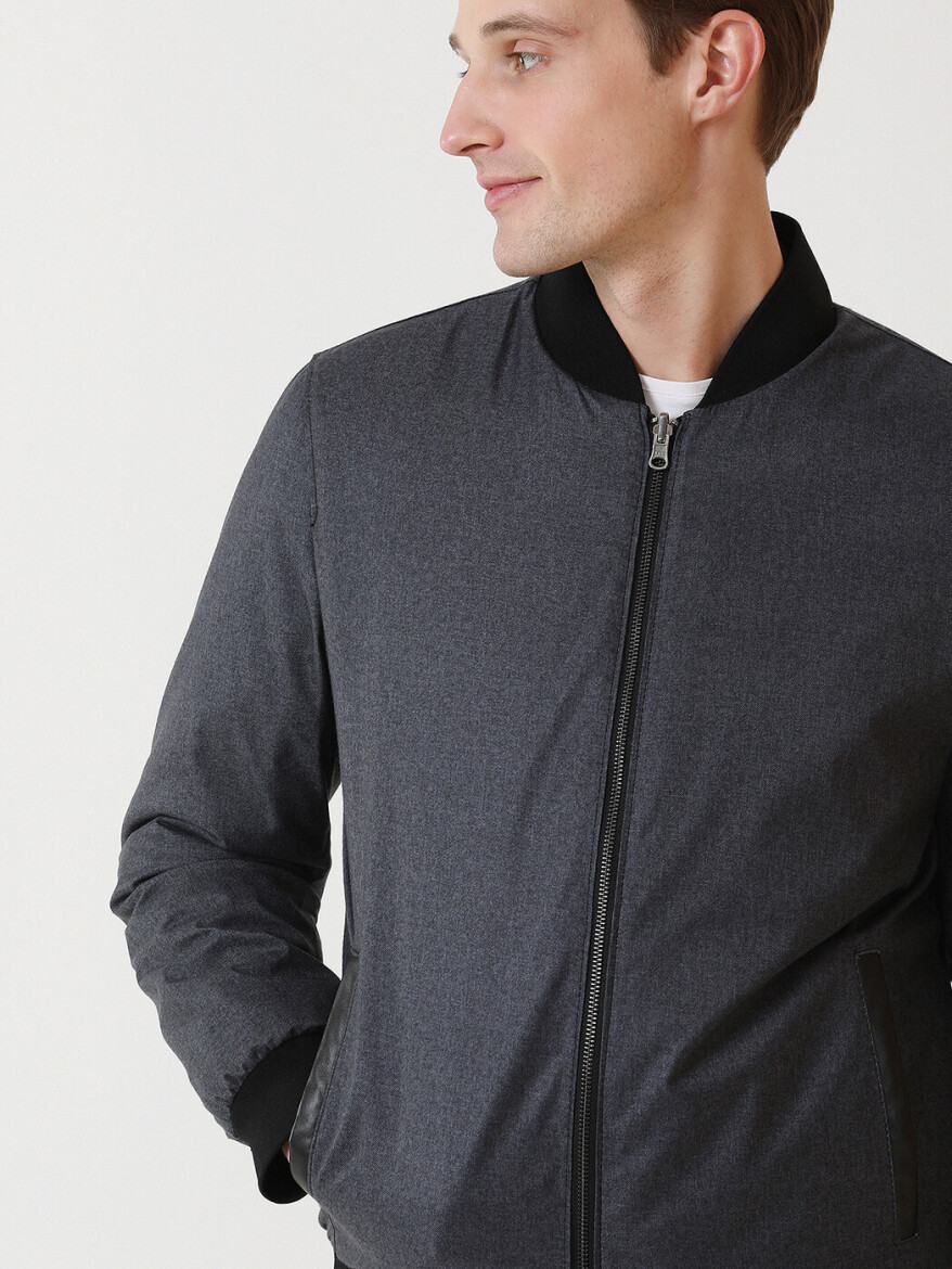 Siyah Regular Fit Dik Yaka Smart Casual Deri Çift Taraflı Deri Mont - 5