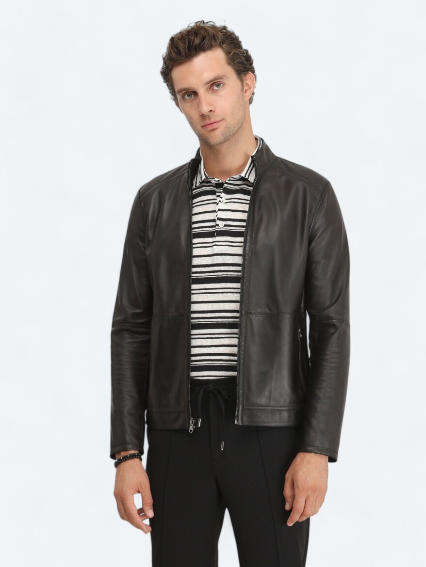 Siyah Regular Fit Dik Yaka Smart Casual Deri Çift Taraflı Deri Mont - 1