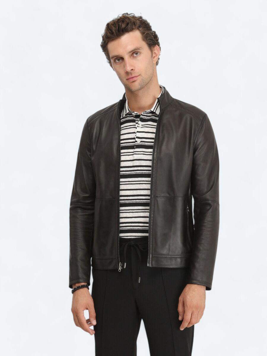 Siyah Regular Fit Dik Yaka Smart Casual Deri Çift Taraflı Deri Mont - 1