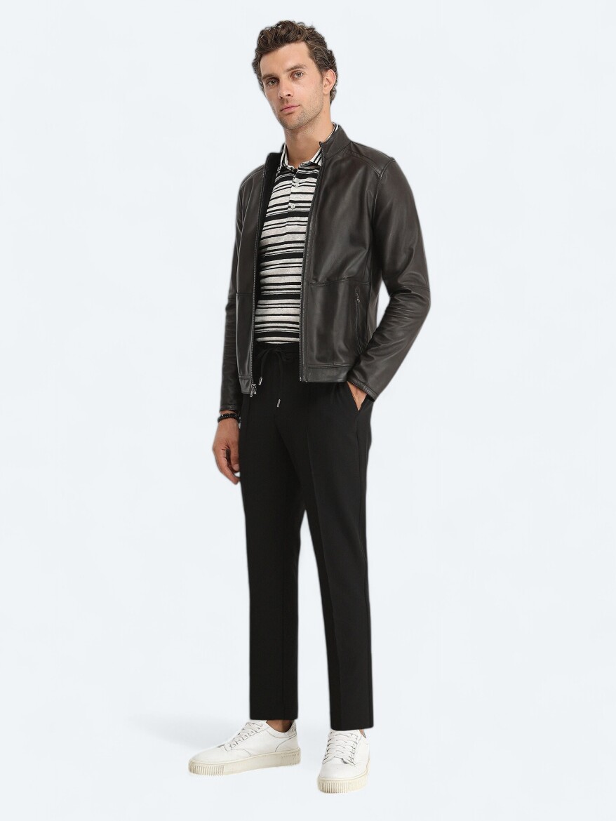 Siyah Regular Fit Dik Yaka Smart Casual Deri Çift Taraflı Deri Mont - 3