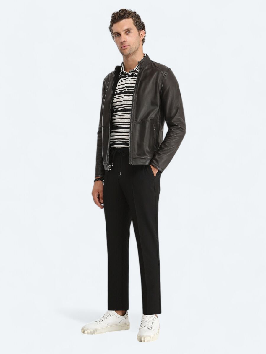 Siyah Regular Fit Dik Yaka Smart Casual Deri Çift Taraflı Deri Mont - 3