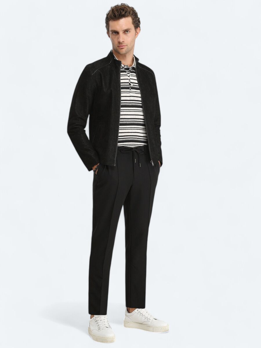 Siyah Regular Fit Dik Yaka Smart Casual Deri Çift Taraflı Deri Mont - 4
