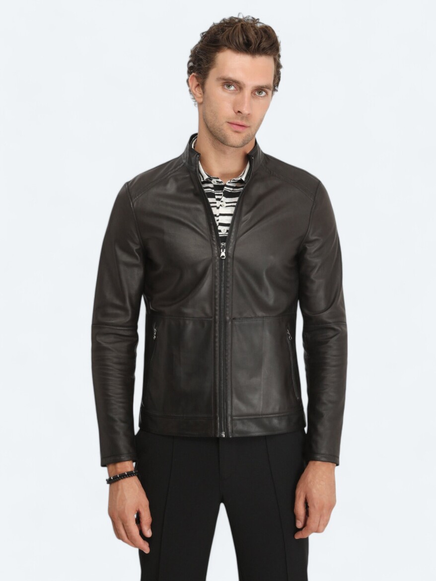 Siyah Regular Fit Dik Yaka Smart Casual Deri Çift Taraflı Deri Mont - 5