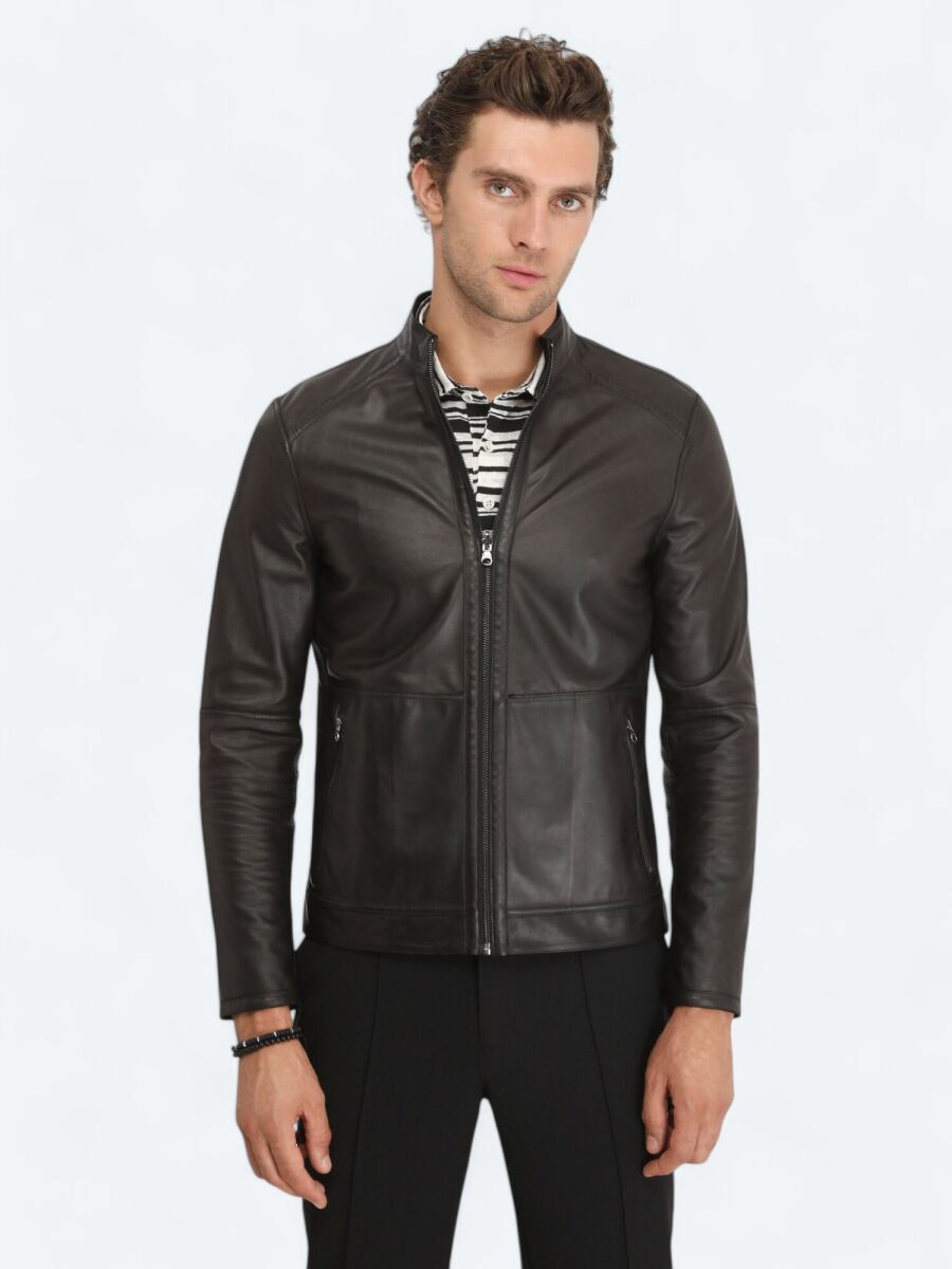 Siyah Regular Fit Dik Yaka Smart Casual Deri Çift Taraflı Deri Mont - 5