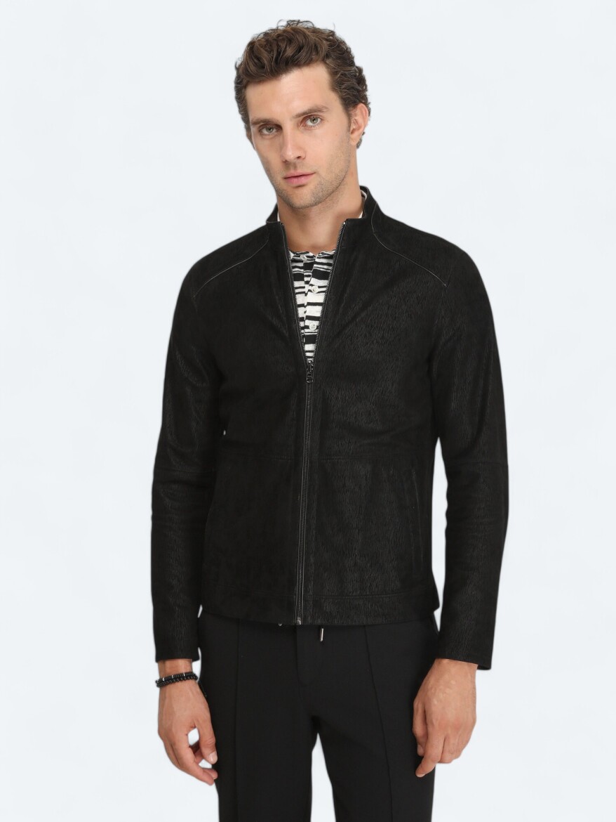 Siyah Regular Fit Dik Yaka Smart Casual Deri Çift Taraflı Deri Mont - 6