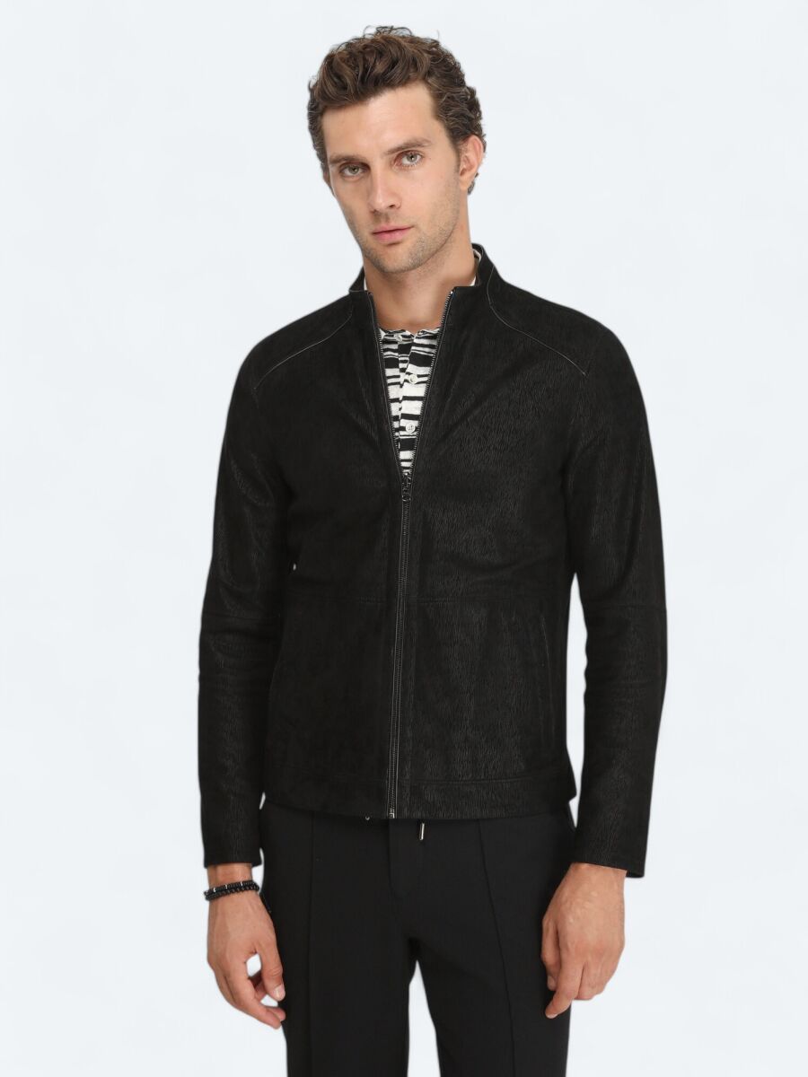 Siyah Regular Fit Dik Yaka Smart Casual Deri Çift Taraflı Deri Mont - 6