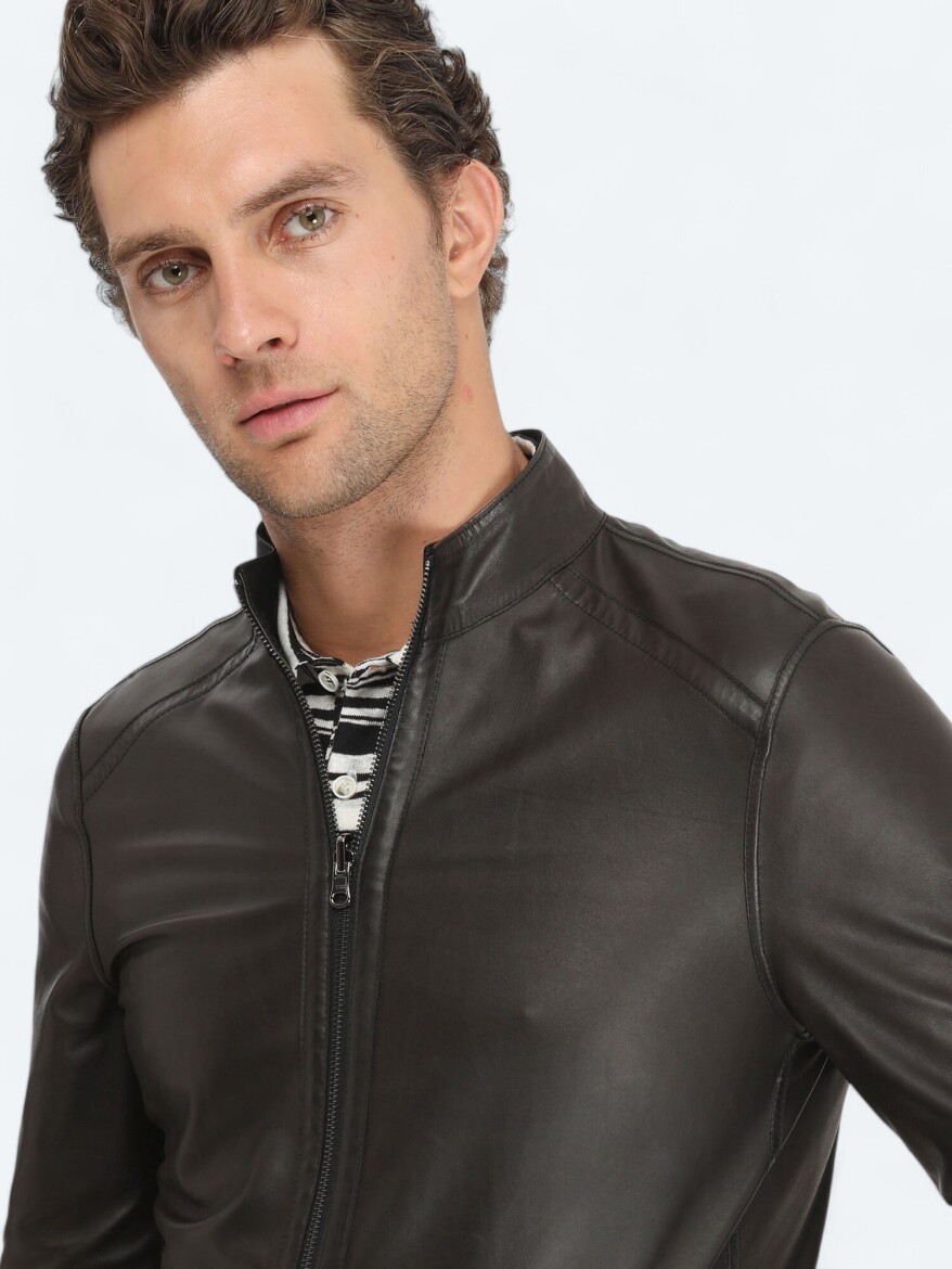 Siyah Regular Fit Dik Yaka Smart Casual Deri Çift Taraflı Deri Mont - 7