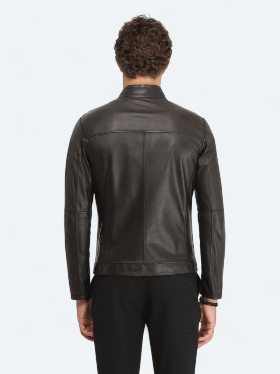 Siyah Regular Fit Dik Yaka Smart Casual Deri Çift Taraflı Deri Mont - 9