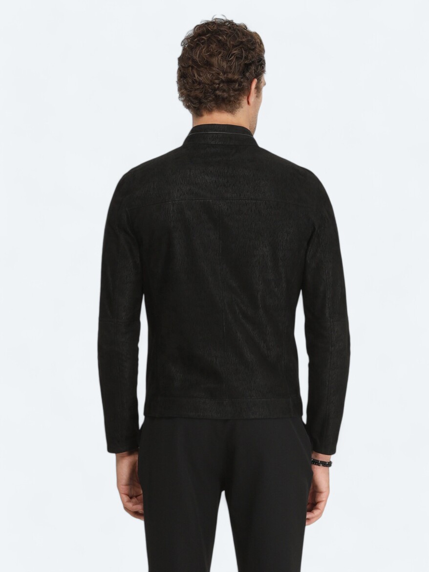 Siyah Regular Fit Dik Yaka Smart Casual Deri Çift Taraflı Deri Mont - 10