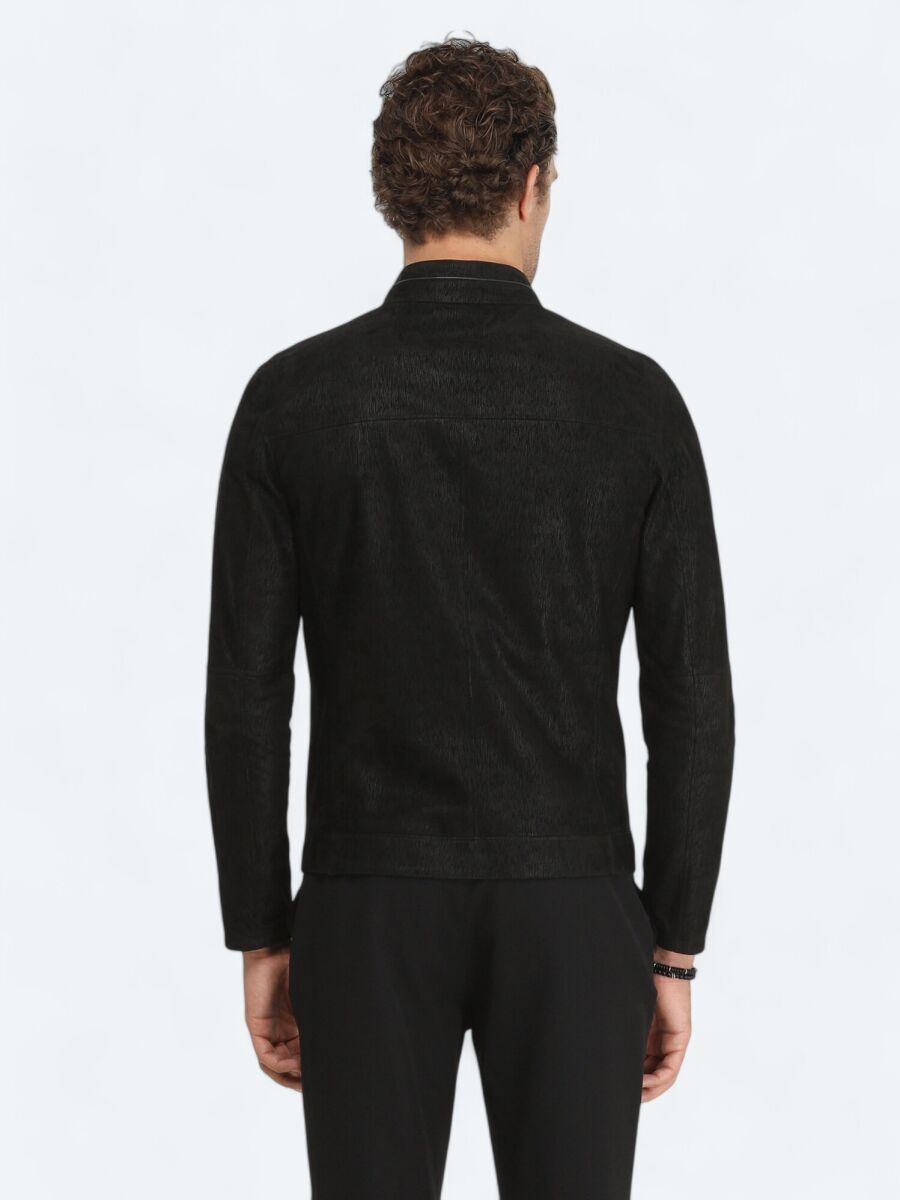 Siyah Regular Fit Dik Yaka Smart Casual Deri Çift Taraflı Deri Mont - 10