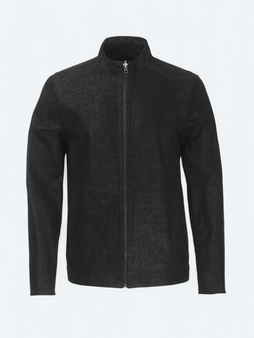 Siyah Regular Fit Dik Yaka Smart Casual Deri Çift Taraflı Deri Mont - 11