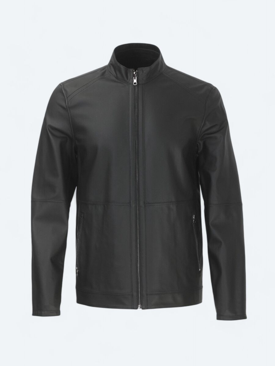 Siyah Regular Fit Dik Yaka Smart Casual Deri Çift Taraflı Deri Mont - 12
