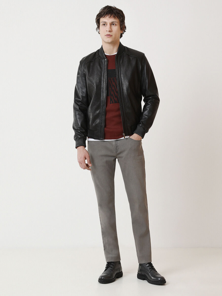 Siyah Regular Fit Dik Yaka Smart Casual Deri Deri Mont - 2