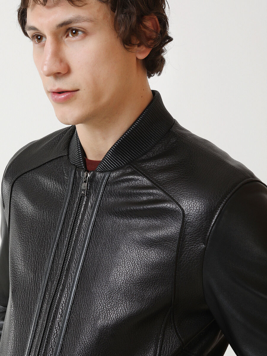 Siyah Regular Fit Dik Yaka Smart Casual Deri Deri Mont - 3