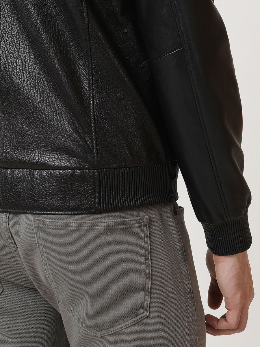Siyah Regular Fit Dik Yaka Smart Casual Deri Deri Mont - 6