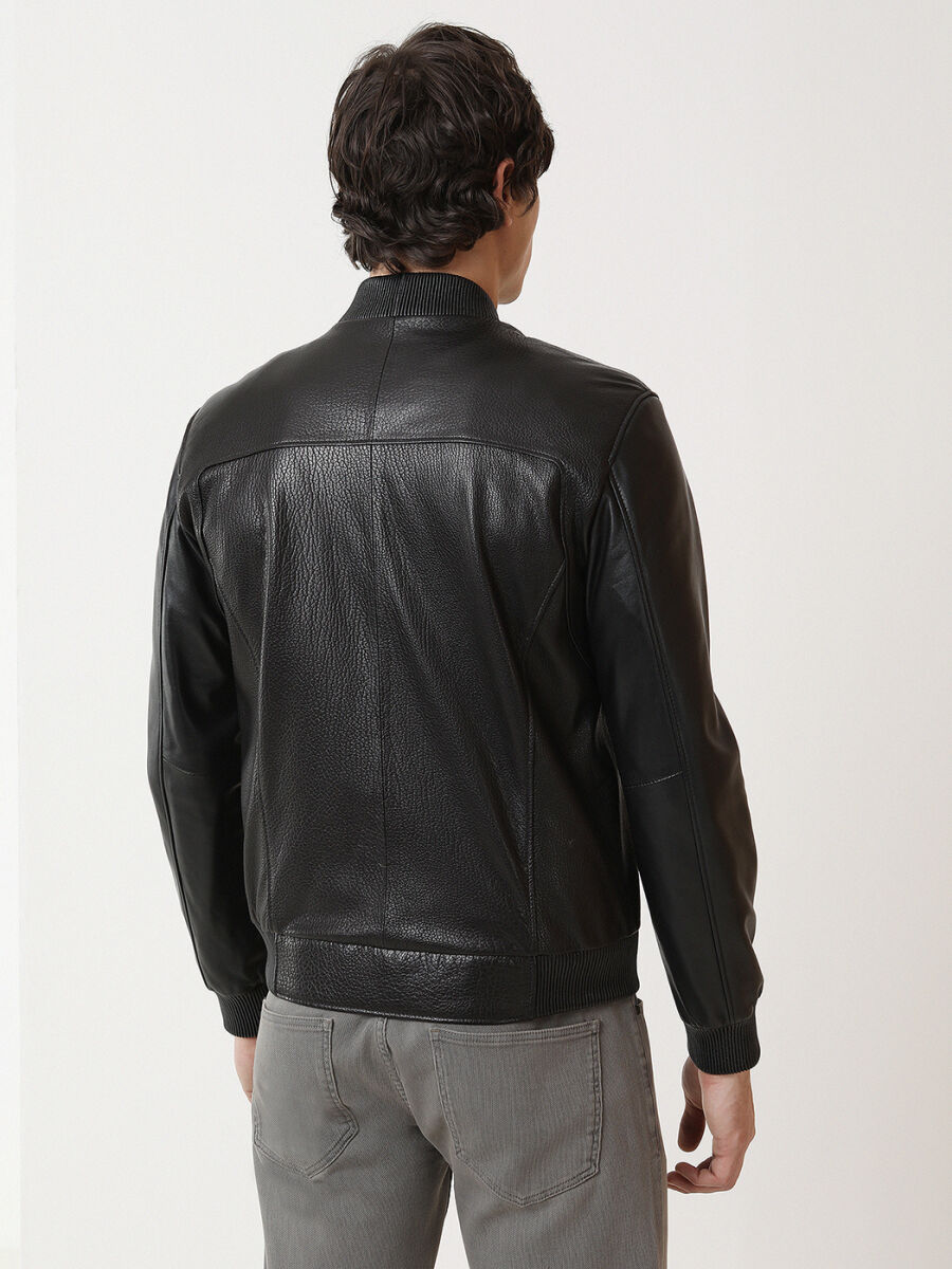 Siyah Regular Fit Dik Yaka Smart Casual Deri Deri Mont - 7