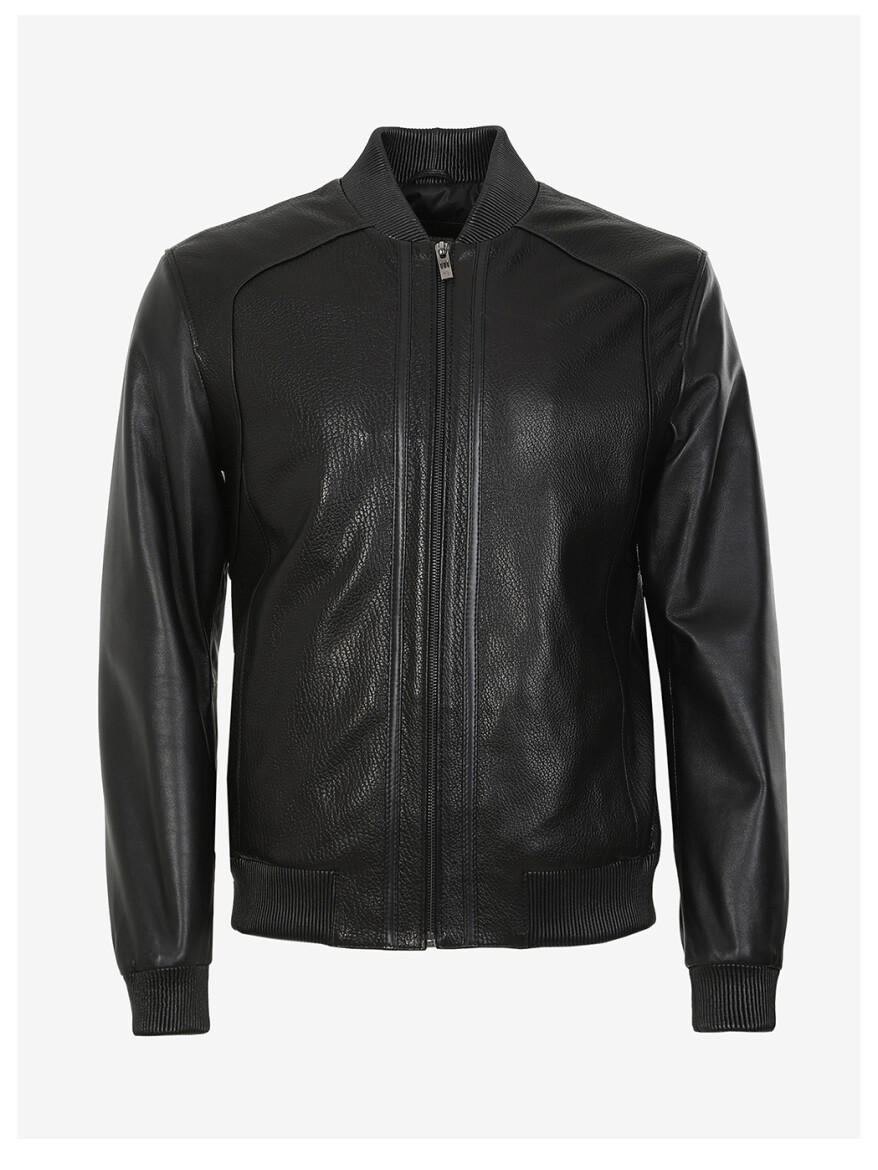 Siyah Regular Fit Dik Yaka Smart Casual Deri Deri Mont - 8