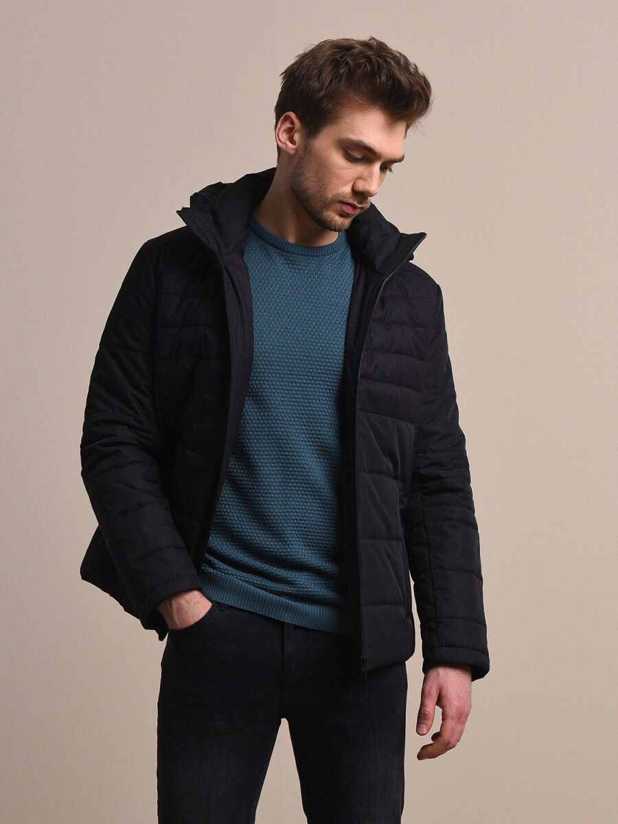Siyah Regular Fit Dik Yaka Smart Casual Dokuma Mont