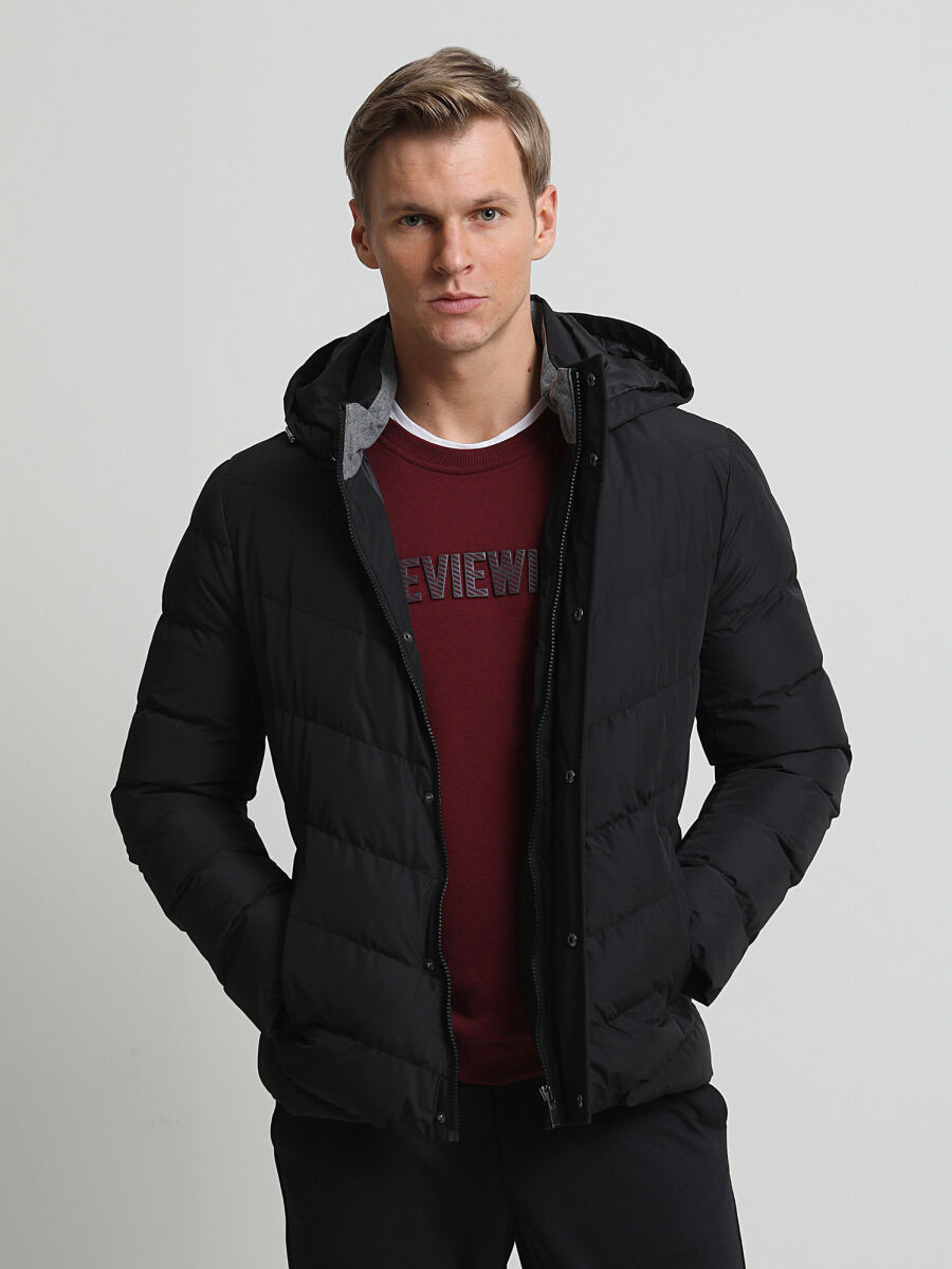 Siyah Regular Fit Dik Yaka Smart Casual Dokuma Mont - 1