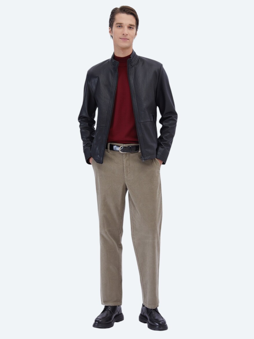 Siyah Regular Fit Dik Yaka Smart Casual Koyun Derisi Deri Mont 