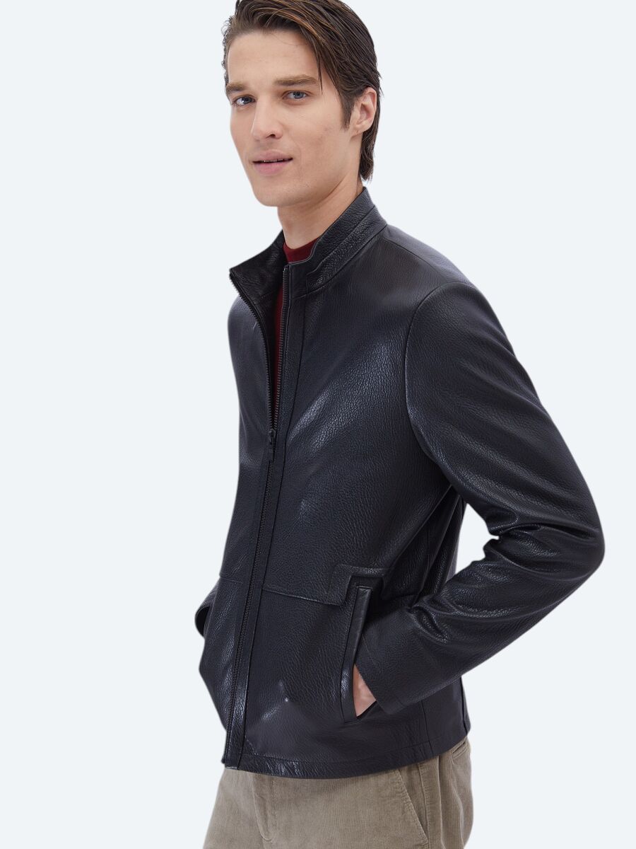 Siyah Regular Fit Dik Yaka Smart Casual Koyun Derisi Deri Mont - 3