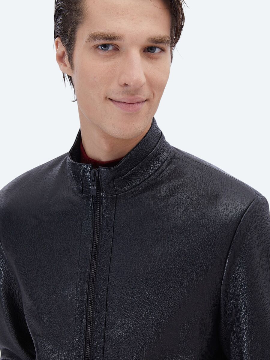 Siyah Regular Fit Dik Yaka Smart Casual Koyun Derisi Deri Mont - 4