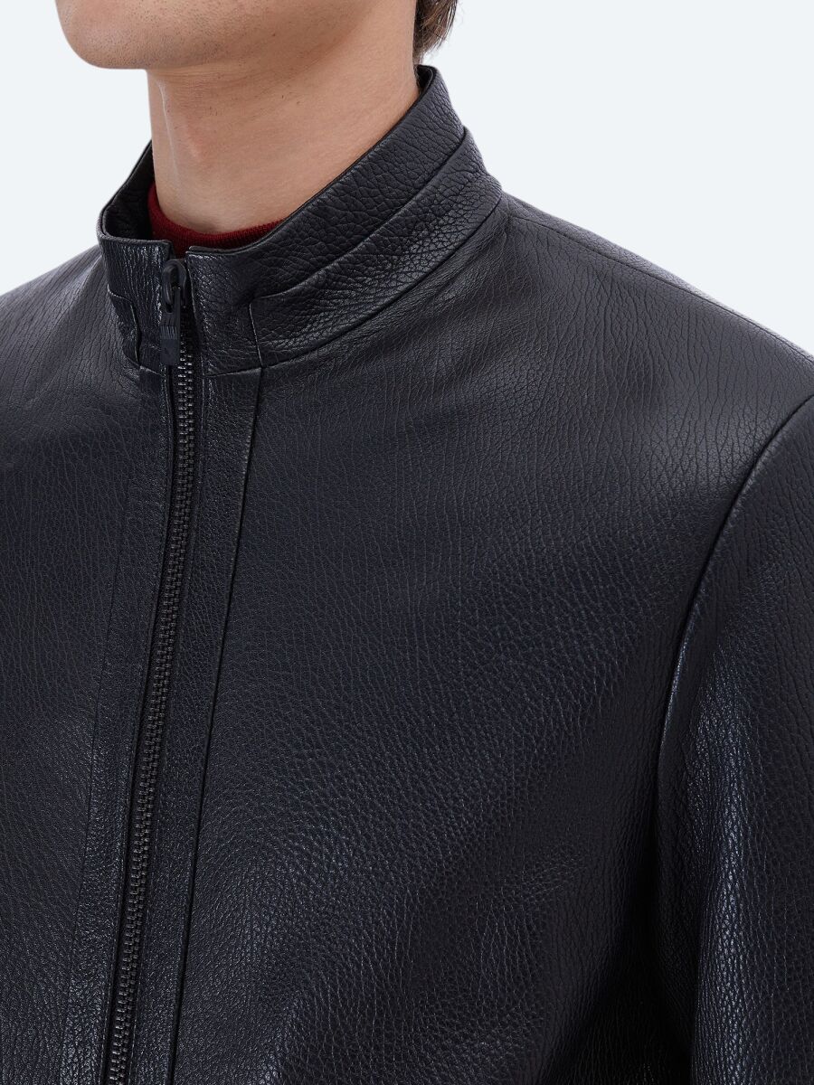 Siyah Regular Fit Dik Yaka Smart Casual Koyun Derisi Deri Mont - 5