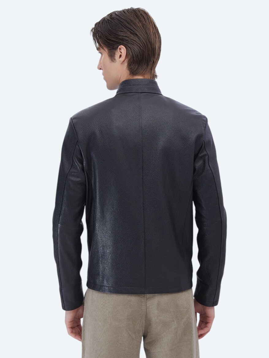 Siyah Regular Fit Dik Yaka Smart Casual Koyun Derisi Deri Mont - 7