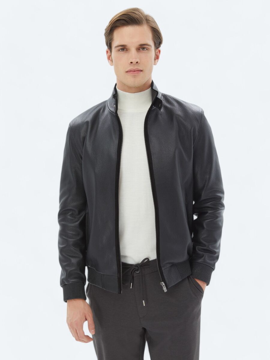 Siyah Regular Fit Dik Yaka Smart Casual Koyun Derisi Deri Mont - 1