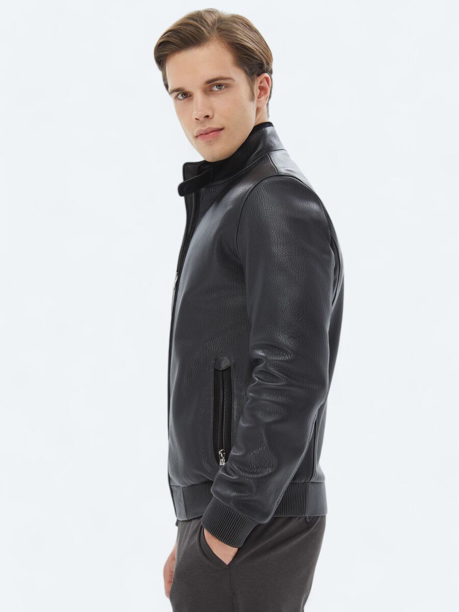 Siyah Regular Fit Dik Yaka Smart Casual Koyun Derisi Deri Mont - 5