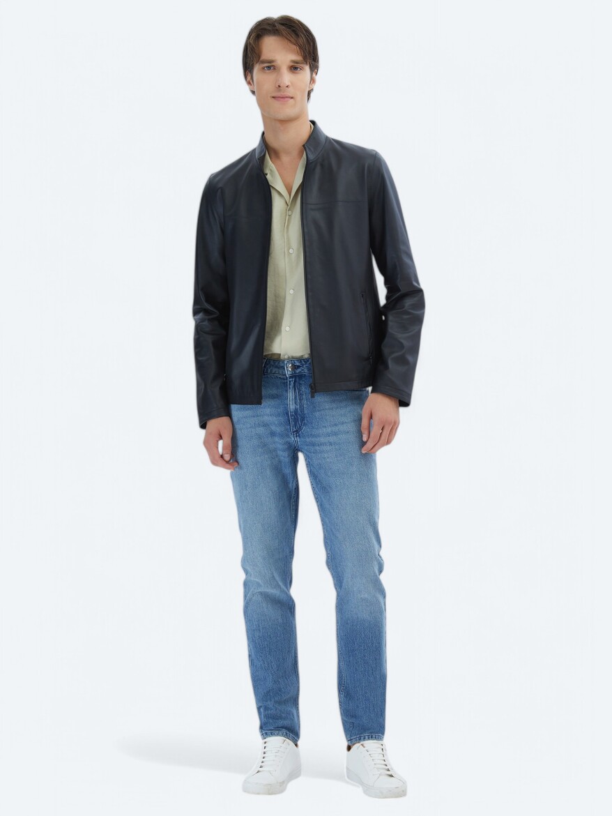 Siyah Regular Fit Dik Yaka Smart Casual Koyun Derisi Deri Mont - KİP