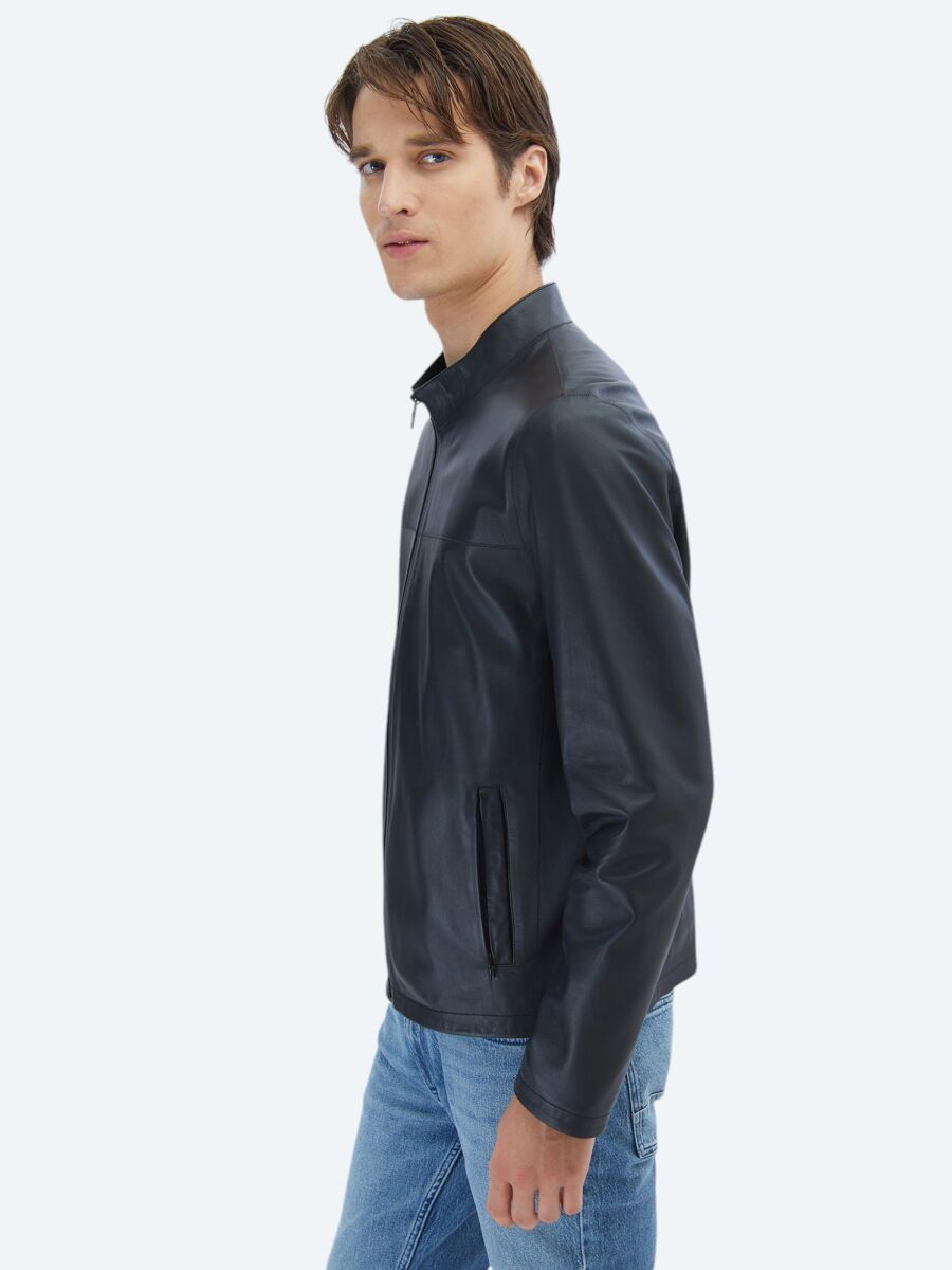 Siyah Regular Fit Dik Yaka Smart Casual Koyun Derisi Deri Mont - 3