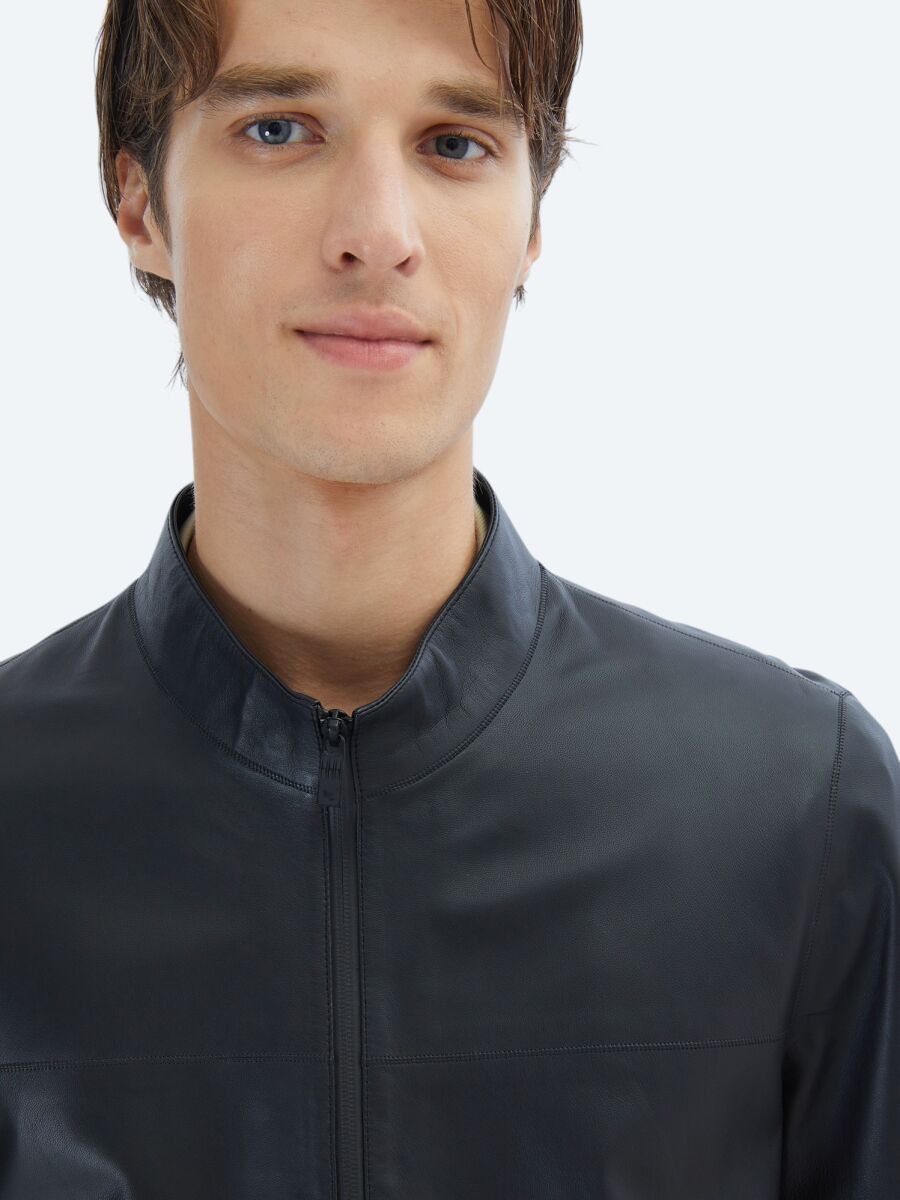 Siyah Regular Fit Dik Yaka Smart Casual Koyun Derisi Deri Mont - 5