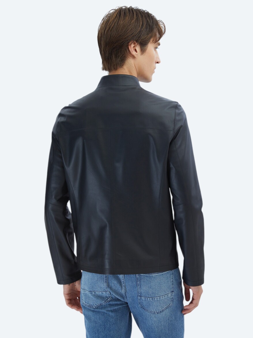 Siyah Regular Fit Dik Yaka Smart Casual Koyun Derisi Deri Mont - 6