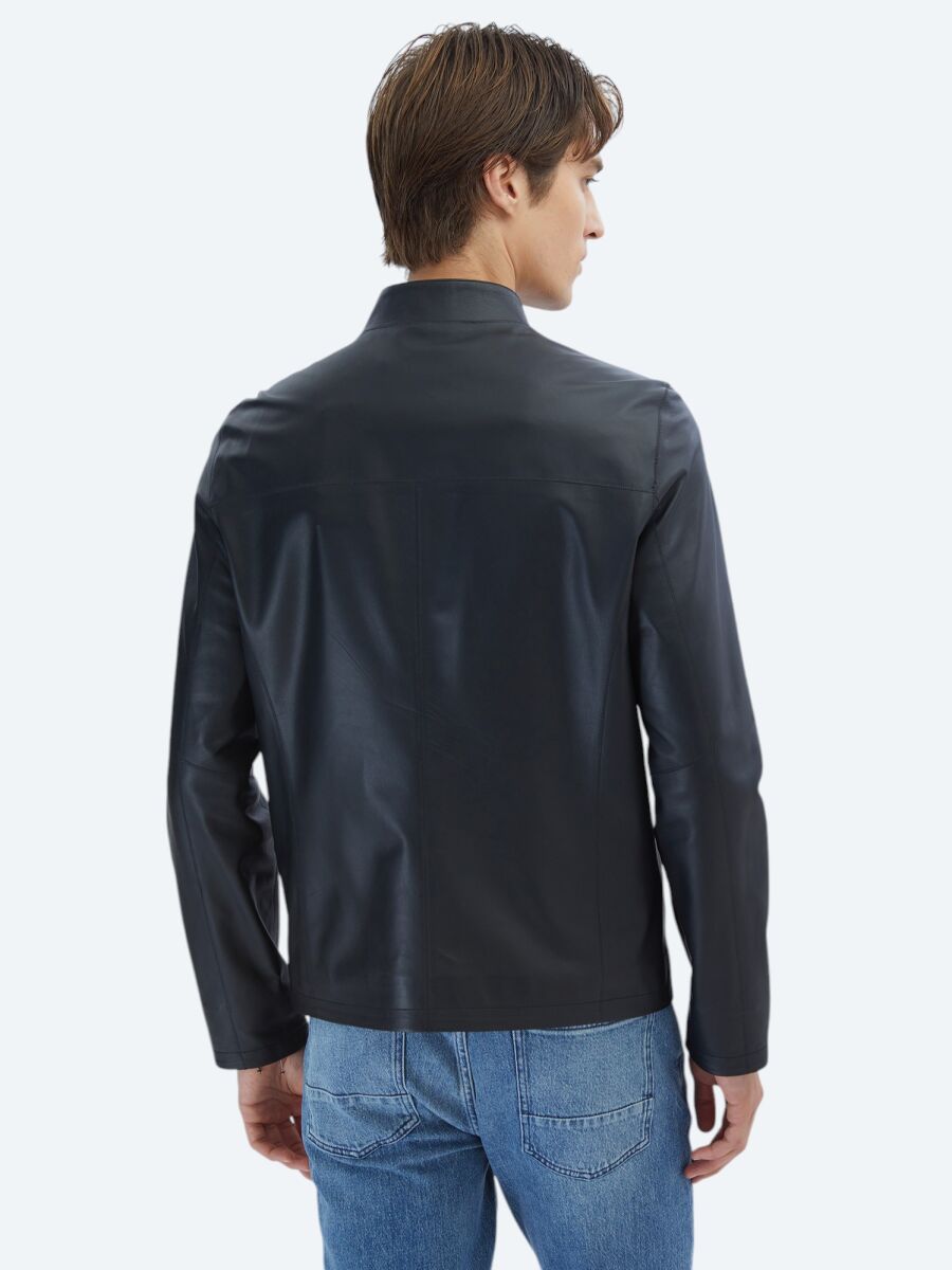 Siyah Regular Fit Dik Yaka Smart Casual Koyun Derisi Deri Mont - 6