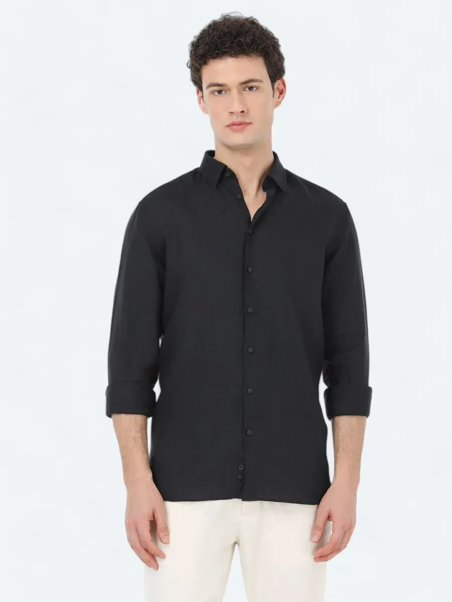 Siyah Regular Fit Dokuma Casual %100 Keten Gömlek - 1